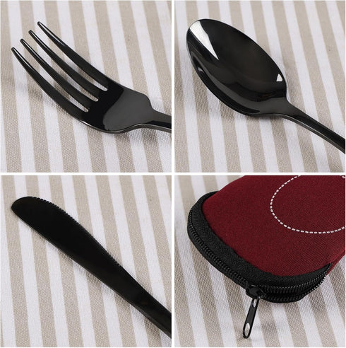 6 Pieces Travel Flatware with Case, Black Stainless Steel, Camping Fork Spoon Knife Set, R...