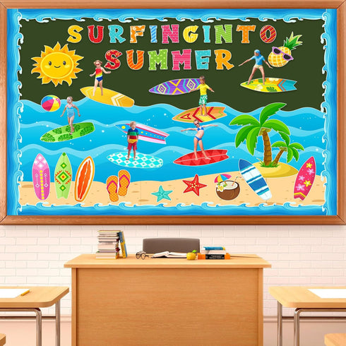 68 Pcs Summer Bulletin Board Decorations Set Summer Surfboard Surfing Classroom Bulletin Board Hawaiian Ocean Beach Surfing into Summer Cutouts fo...