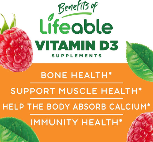 Lifeable Vitamin D for Kids 1000 IU - Great Tasting Natural Flavor Gummy Supplement - Gluten Free Vegetarian GMO Free Chewable - for Strong Health...