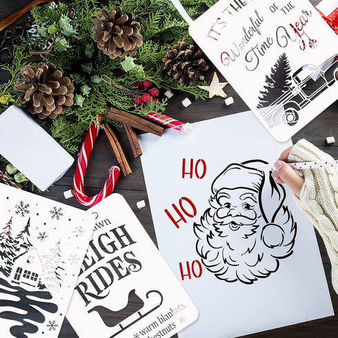 9Pcs Reusable Christmas Stencils, 8 X 11 Inch Farmhouse Large Merry Christmas Stencils for Painting on Wood Winter Decor...
