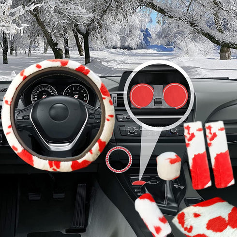 9 Pack Fluffy Cow Print Steering Wheel Cover for Women,ZXGHIJJ Cute Cow Plush Steering Wheel Cover Soft & Warm Fuzzy Steering Wheel Cover Set with...