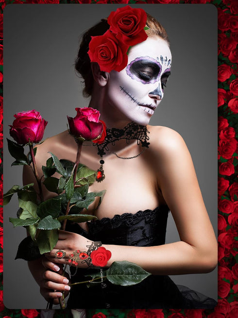 BBTO 5 Pcs Halloween Rose Flamenco Women Accessories Girl Rose Flower Hair Clip, Sequins Fabric Folding Fan, Lace Choker Necklace Bracelet Earring...