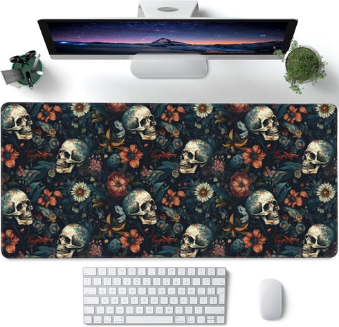 Desk Mat,Skulls with Flowers Large Gaming Mouse Pad for Desk XXL,Skull Floral Desk Pad for Desktop,Extended Big Computer Keyboard Mouse Pad with N...