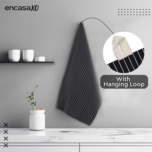 Encasa XO Cotton Kitchen Towel Set | Hand and Tea Cloth for Cleaning & Quick Drying, X-Large 28"x18" (Pack of 4) Highly Absorbent - Butcher Black...