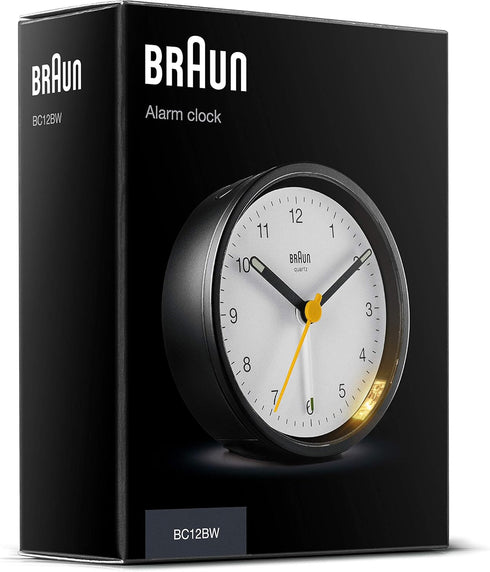 Braun Classic Analogue Alarm Clock with Snooze and Light, Quiet Quartz Movement, Crescendo Beep Alarm in Black and White, Model BC12BW....