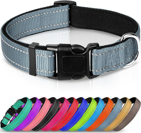 Joytale Reflective Dog Collar,Soft Neoprene Padded Breathable Nylon Pet Collar Adjustable for Large Dogs,Gray,L...