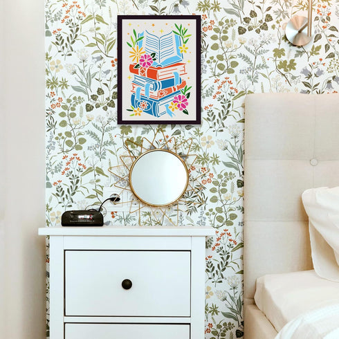 FINGERINSPIRE Book Stencil for Painting 8.3x11.7inch Piled Books Painting Template Reusable Book & Flower Pattern Painting Stencil Hollow Out Sten...