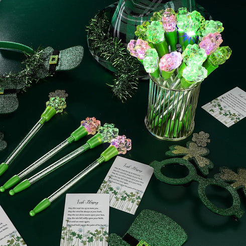 20 Set St Patrick's Day Pens Bulk Shamrock LED Light up Pens Four Leaf Flashing Green Black Ink Clover Rollerball Ballpoint Pen with Card for Scho...