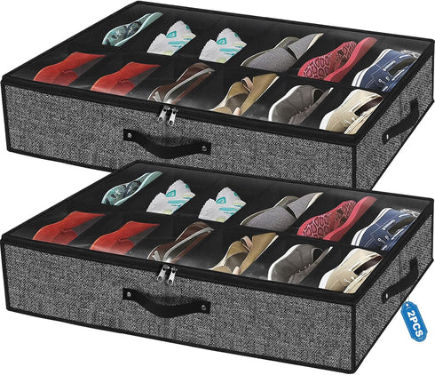 Under Bed Shoe Storage Organizer for Closet Fits 24 Pairs-Sturdy Underbed Shoe Storage Box Bins,Set of 2 (Linen-like Black)...