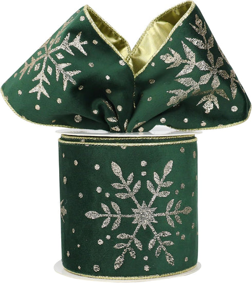 HUIHUANG Snowflake Wired Ribbon 4 inch Green Velvet Ribbon with Gold Glitter Snowflakes for Christmas Trees, Wreaths, Tree Top Bows, Garland, Stai...