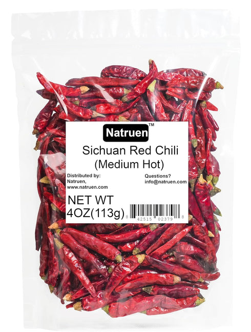 Natruen Whole Dry Szechuan Chinese Red Chili Pods 4 Oz (Medium Hot), Spicy Sichuan Dried Red Hot Chilies for Chili Oil, Paste, and Sauce...