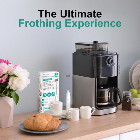 Real Simple Milk Frother and Whisk Set | USB Rechargeable Milk Frother with Stainless Steel Attachments and 5 Coffee Stencils | Perfect Handheld M...