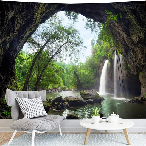 FENDROM Green Misty Forest Tapestry Wall Hanging Nature Mountain Cave Landscape Tapestry Waterfall River Tapestries for Bedroom Living Room Dorm D...