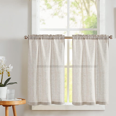 Vangao Stripe Farmhouse Kitchen Curtains 36 Inch Length Linen Blend Cafe Curtains Tickingstripe Tier Drapes Pinstripe Semi-Sheer Small Window Trea...