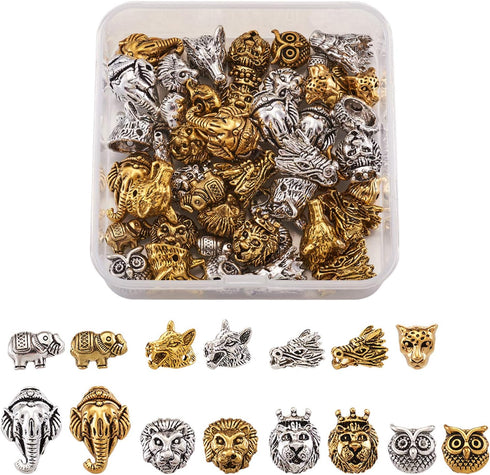 Fashewelry 48pcs Animal Tibetan Loose Spacer Beads Mixed Wolf Lion Owl Elephant Leopard Dragon Head Alloy Beads for Necklace Bracelet Earring Craf...