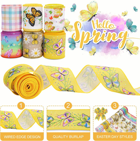 Whaline 6 Roll Butterfly Wired Edge Ribbon 36 Yards Colorful Butterfly Daisy Flower Plaids Craft Ribbon Spring Summer Farmhouse Fabric Ribbon for ...