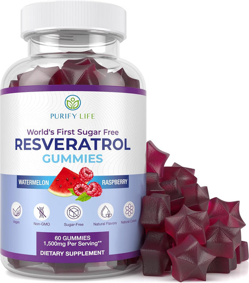 Purify Life Sugar-Free Resveratrol Gummies - Potent 1500mg Resveratrol Supplement to Support Digestive & Immune Health - Resveratrol Supplement fo...