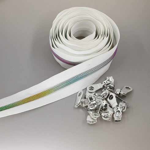 Leekayer #5 Metallic Nylon Coil Zippers by The Yard Colorful Teeth Zipper Bulk 10 Yards White Tape with 25pcs Silver Sliders for DIY Sewing Tailor...