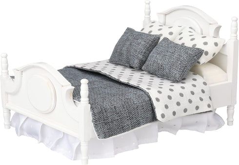 Dollhouse Bedding, 5 Piece Set with Comforter & Pillows, Blanket, Realistic Bedroom Accessories for 6 inch Dolls, 1/12 Scale, Gray and White Linen...
