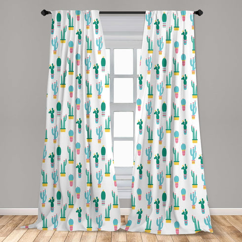 Ambesonne Cactus Window Curtains, Continuous Pattern with Cartoon Prickle Plants in Pots, Lightweight Decor 2-Panel Set with Rod Pocket, Pair of -...