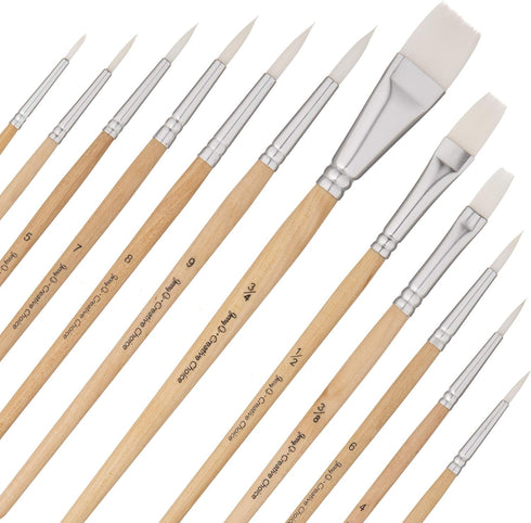 Jerry Q Art 12 PC White Synthetic Hair Round and Flat Paint Brush Set with Short Wood Handle for Acrylic, Watercolor and All Media JQ17931...