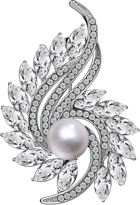 Party Holiday Wedding Brooch for Women and 925 Sterling Silver Earrings with Glitter Pearl Rhinestone Jewelry Set for Women...