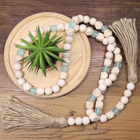 AceList Wood Bead Garland with Tassels, Geometric Wooden Craft Beads with Aqua Acrylic Beads, Boho Farmhouse Country Rustic Wall Hanging Rae Dunn ...