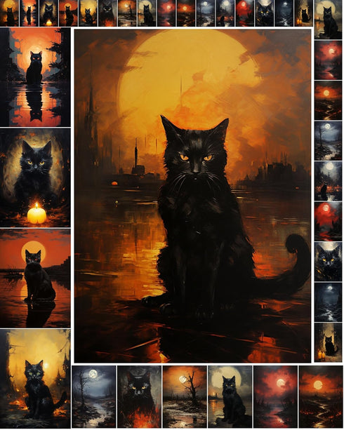 Decoupage Paper Pack (35 Sheets 6"x8") Witchy Black Cats on Halloween in Spooky Cities FLONZ Vintage Illustration Pictures Cards for Decoupage, Cr...