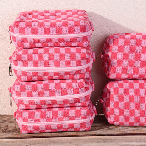 Checkered Makeup Bag Preppy Cosmetic Bag Bulk Pink Makeup Pouch Personalize Travel Toiletry Bag Organizer Cute DIY Makeup Brushes Storage Bag for ...