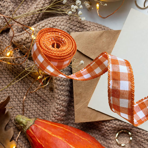 8 Rolls 40 Yards Fall Plaid Ribbon Wired Edge Ribbon Fall Leaves Ribbon Wrapping Craft Ribbon for Thanksgiving Farmhouse Wreath Bows Crafting Supp...