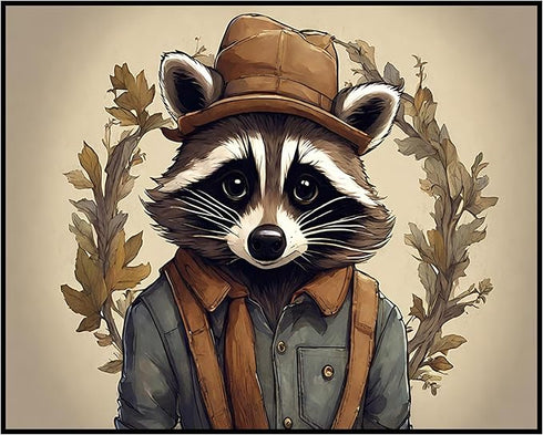 Posterizer 1 pcs- Abstract raccoon with a brown hat and clothes on-Art for Animal Lovers-Floral Botanical Art- Gift for Men Women-Decor for Bedroo...