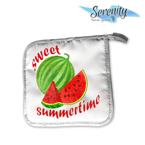 Summer Home Decor | Decorative Kitchen Oven Mitt Hot Plate Pot Holders | Sweet Summertime Watermelon Red Green | White Stove Home Decor Holiday De...