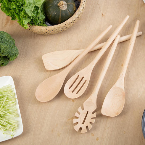 Wooden Cooking Spoons Set, 14 Inch Maple Wood Mixing Spoon, Mixing Salad, Sauce Soup Stirring Ladle, Nonstick Spoon Kitchen Serving Utensil with L...