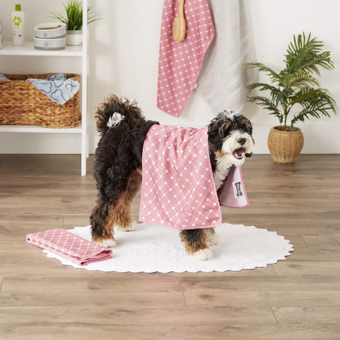 Bone Dry Pet Grooming Towel Collection Trellis Print, Microfiber Absorbent Drying Set, 15x30, Rose, 3 Count...