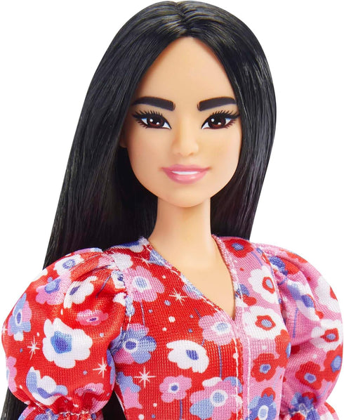 Barbie Fashionistas Doll #177 with Long Black Hair & Color Block Floral Dress & Accessories Including Strappy Purple Heels & Butterfly Ring...