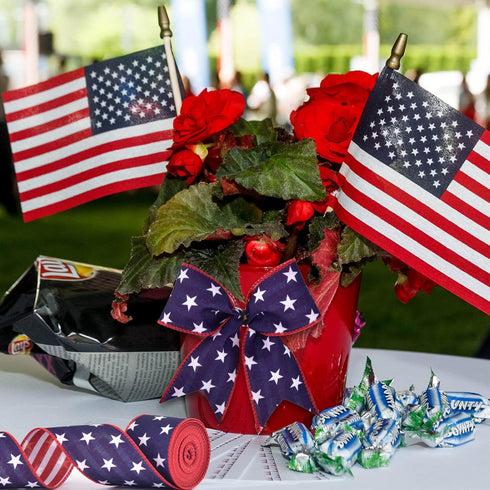 2 Rolls Patriotic Wired Edge Ribbon Stars and Stripes Reversible Ribbons Red White Blue Decorative Ribbon for 4th of July Memorial Day Bow Wreath ...
