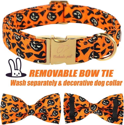 Halloween Dog Collars for Large Dog with Bow Tie,Fall Scary Pumpkin Dog Collar with Safety Metal Buckle Adjustable Puppy Collars for Small Medium ...