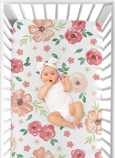 Sweet Jojo Designs Peach and Green Baby or Toddler Fitted Crib Sheet for Watercolor Floral Collection - Pink Rose Flower...