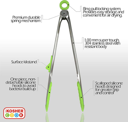 Parve Green Locking Kitchen Tongs – 12” Heavy Duty Multipurpose Tool - Stainless Steel with Non-Stick Silicone Tips - Color Coded Kitchen Tools by...