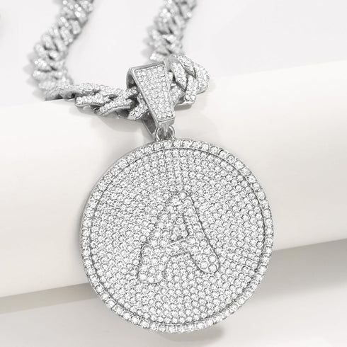 Round Big Initial Necklace for Women, Cuban Link Chain 14mm Diamond Prong Cuban Chain, Cursive Gold Silver Initial Necklace Cuban Link Necklace...