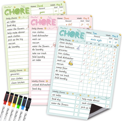 CLEVER CLEAN Magnetic Dry Erase Chore Chart - 8.5"x12" Behavior Responsibility Chore Board for Kids, Teenagers - 6 Extra Fine Point Markers Includ...