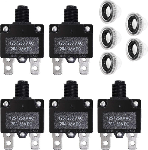 5PCS 20Amp Circuit Breakers with Push Button Reset with Quick Connect Terminals and Waterproof Button Cap...