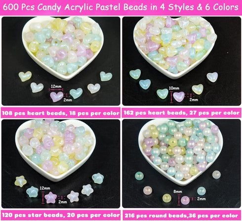Wavlakth 600Pcs Mermaid Charm DIY Beads for Jewelry Making, Acrylic Heart Star Round Kandi Beads Assorted Plastic Pastel Beads Kit for Girls DIY C...