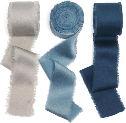 CT CRAFT LLC Frayed Satin Silk Ribbon 1.5" x 10 Yards x 3 Rolls Pearl Grey Dusty Blue Midnight Blue for Christmas Home Decor Gift Wrapping DIY Cra...