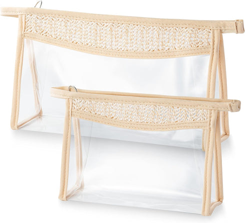 Boho Clear Cosmetic Bag - 2Pcs Boho Waterproof Toiletry Bag Travel Makeup Bag Beige Transparent PVC Zipper Makeup Pouch Compliant Bag for Women Me...