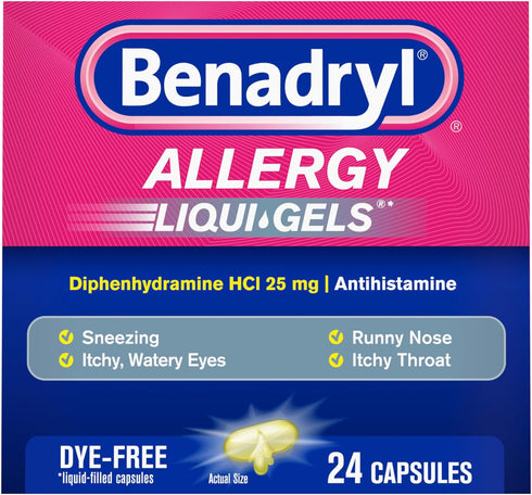 Benadryl Liqui-Gels Allergy Medicine, Dye-Free Liquid Gel Capsules with 25 mg of Diphenhydramine HCl Antihistamine for Relief of Allergy & Cold Sy...