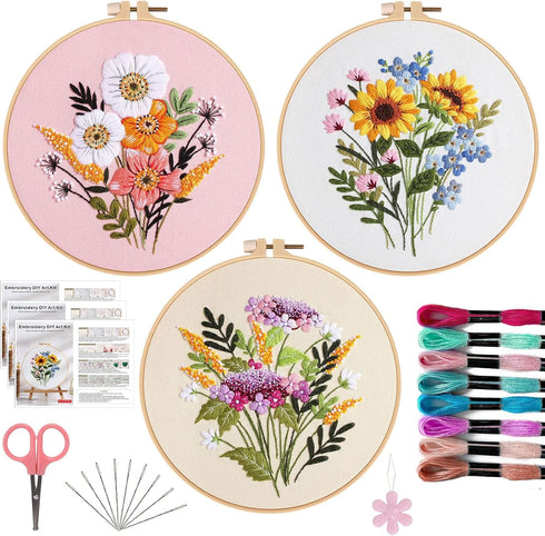 Offizon 3 PCS Embroidery Kit for Beginners - Cross Stitch DIY Craft Set, Flower Embroidery Accessories & Hoop Included, Hand Embroidery Kit for Ad...