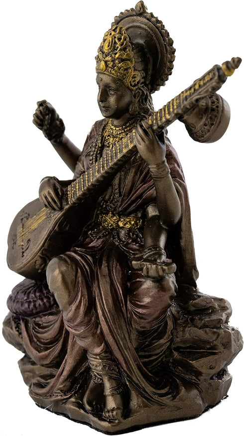 Top Collection Mini Saraswati Statue - Hindu Goddess of Knowledge, Music, Arts, and Wisdom Sculpture in Premium Cold Cast Bronze - 3-Inch Collecti...