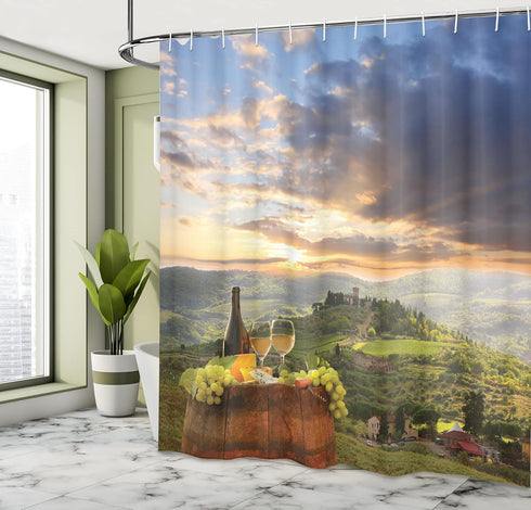 Ambesonne Winery Shower Curtain, Vineyard in Chianti Tuscany Italy Autumn Sunrise Dramatic Clouds, Cloth Fabric Bathroom Decor Set with Hooks, 69"...