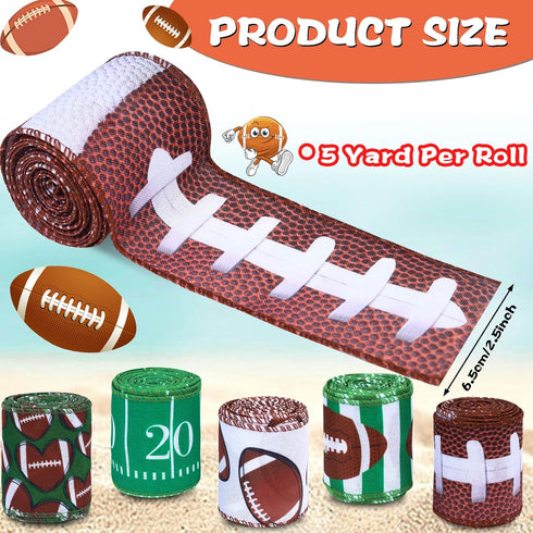 5 Rolls Football Wired Edge Ribbon 2.5 Inches x 25 Yard Rugby Ball Ribbon Gridiron Wired Ribbon for Sport Team Party Decor Gift Wrapping Decor Hai...